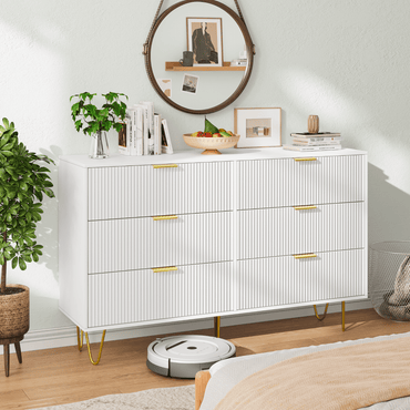 White Dresser With 6 Deep Drawers, Modern Chest Of Drawers With Gold Handles For Bedroom, Living Room, Hallway, Easy Assembly