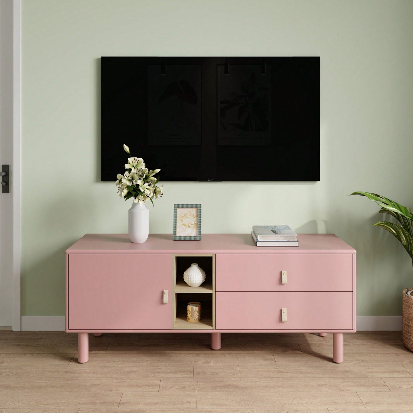 Modern Wooden TV Cabinet with Leather Handle Drawers Multi-Functional Storage Solution for Home