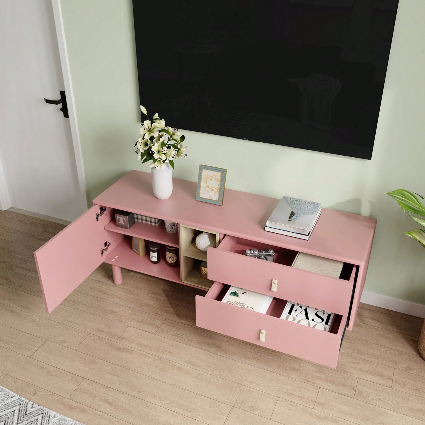 Modern Wooden TV Cabinet with Leather Handle Drawers Multi-Functional Storage Solution for Home