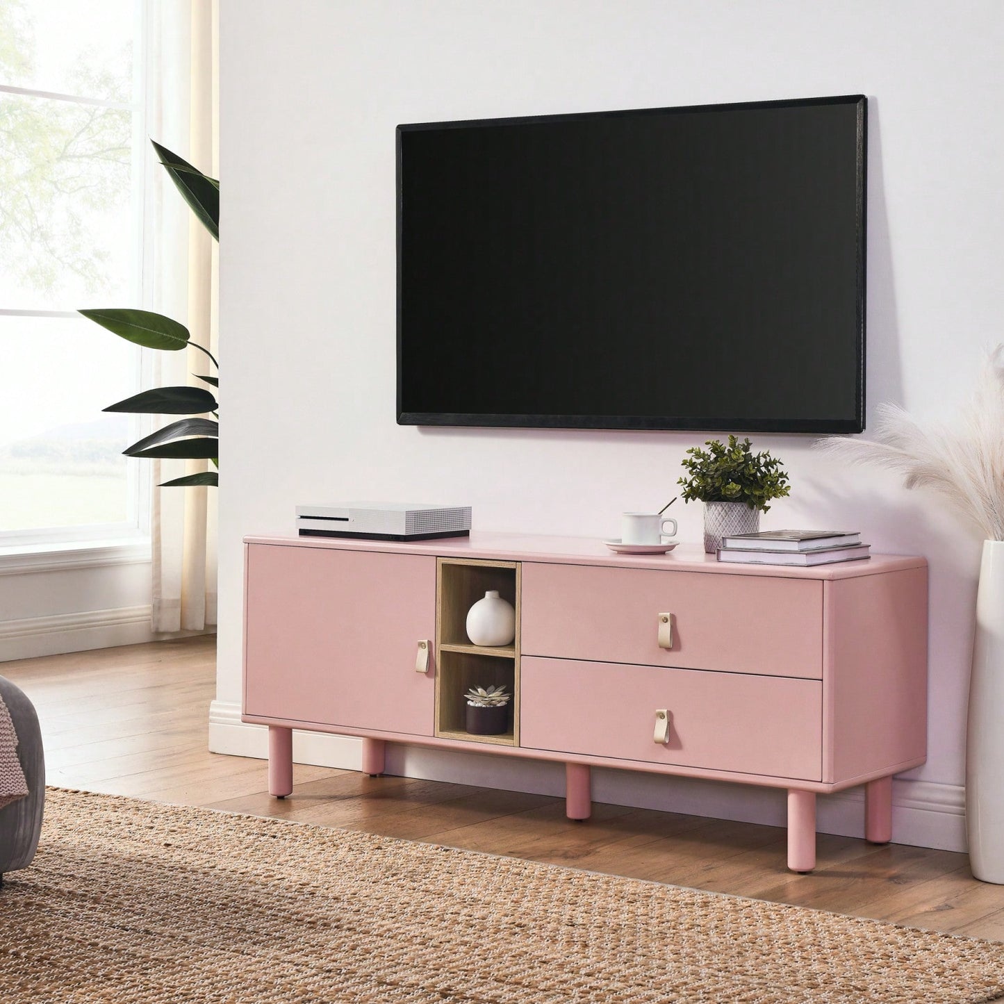 Modern Wooden TV Cabinet with Leather Handle Drawers Multi-Functional Storage Solution for Home