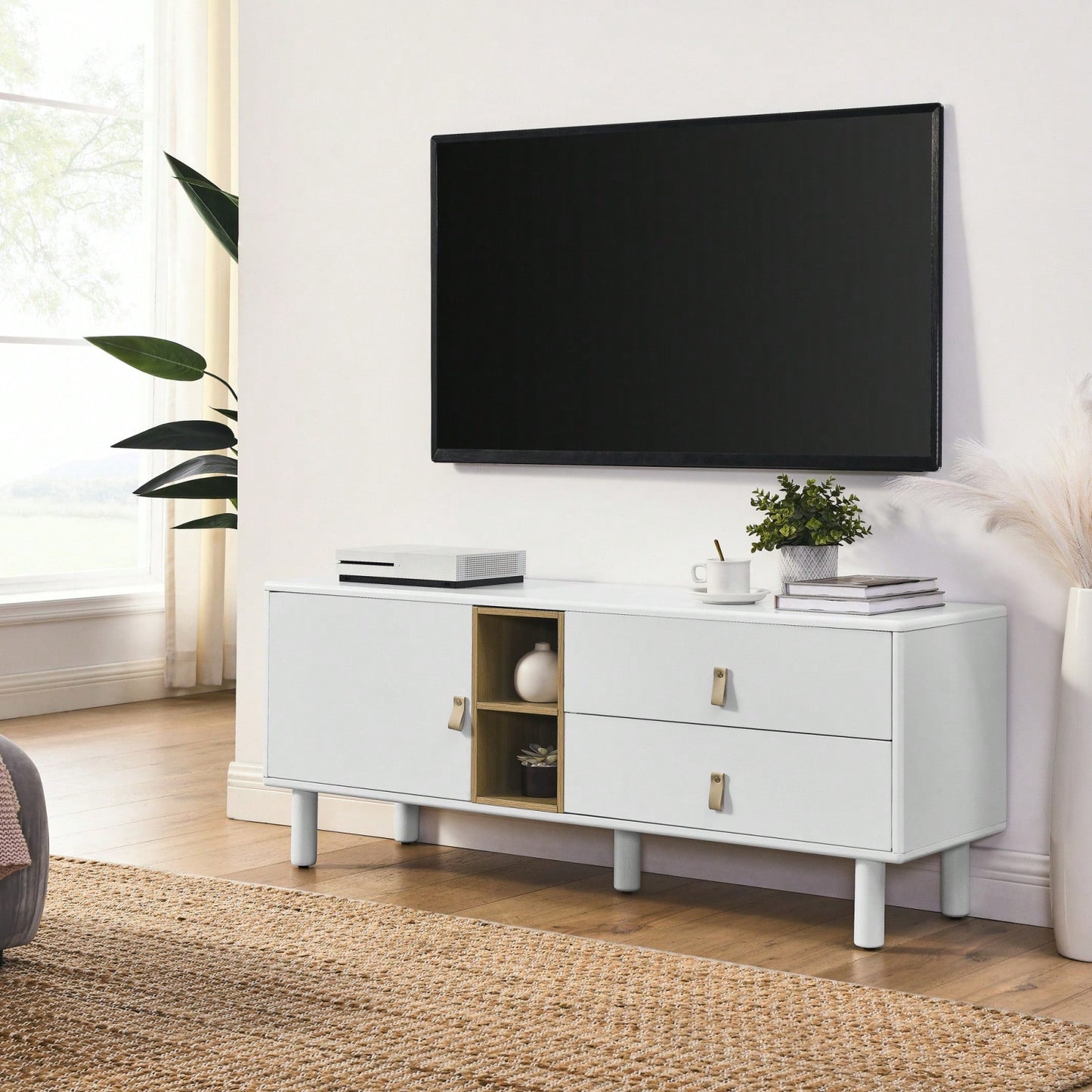 Modern Wooden TV Cabinet with Leather Handle Drawers Multi-Functional Storage Solution for Home