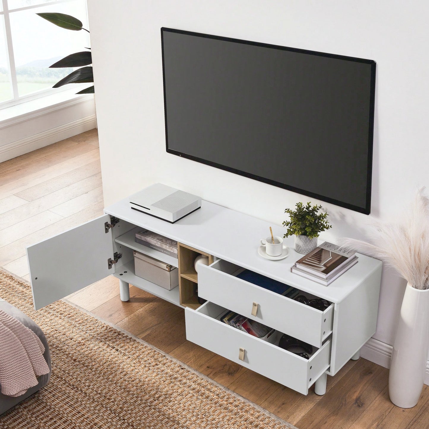 Modern Wooden TV Cabinet with Leather Handle Drawers Multi-Functional Storage Solution for Home