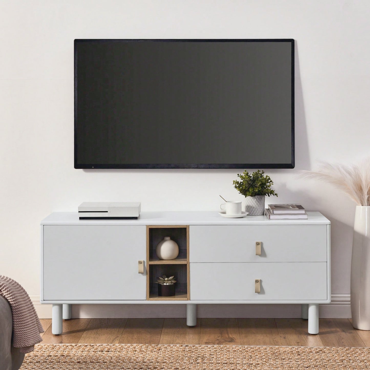 Modern Wooden TV Cabinet with Leather Handle Drawers Multi-Functional Storage Solution for Home