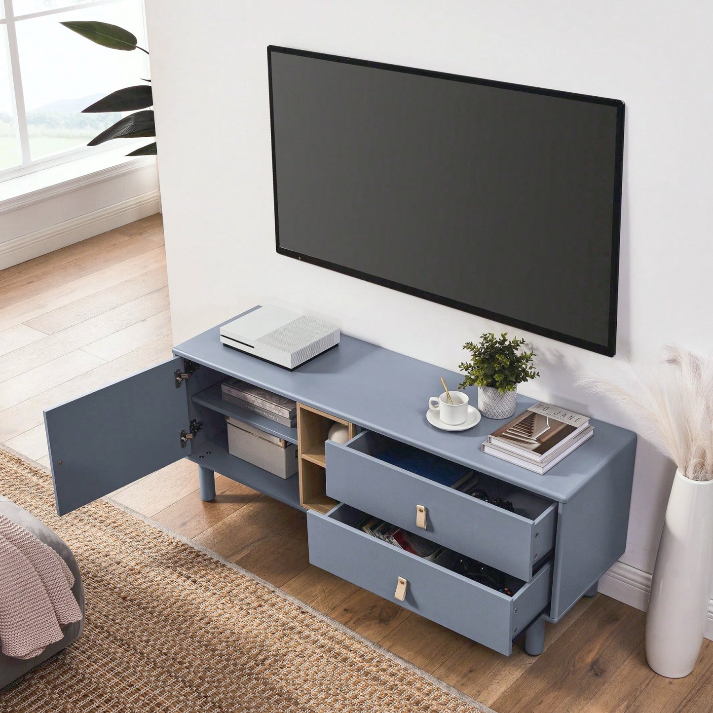 Modern Wooden TV Cabinet with Leather Handle Drawers Multi-Functional Storage Solution for Home