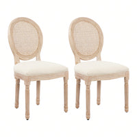 Upholstered Fabrice With Rattan Back French Dining  Chair With Rubber Legs, Set Of 2