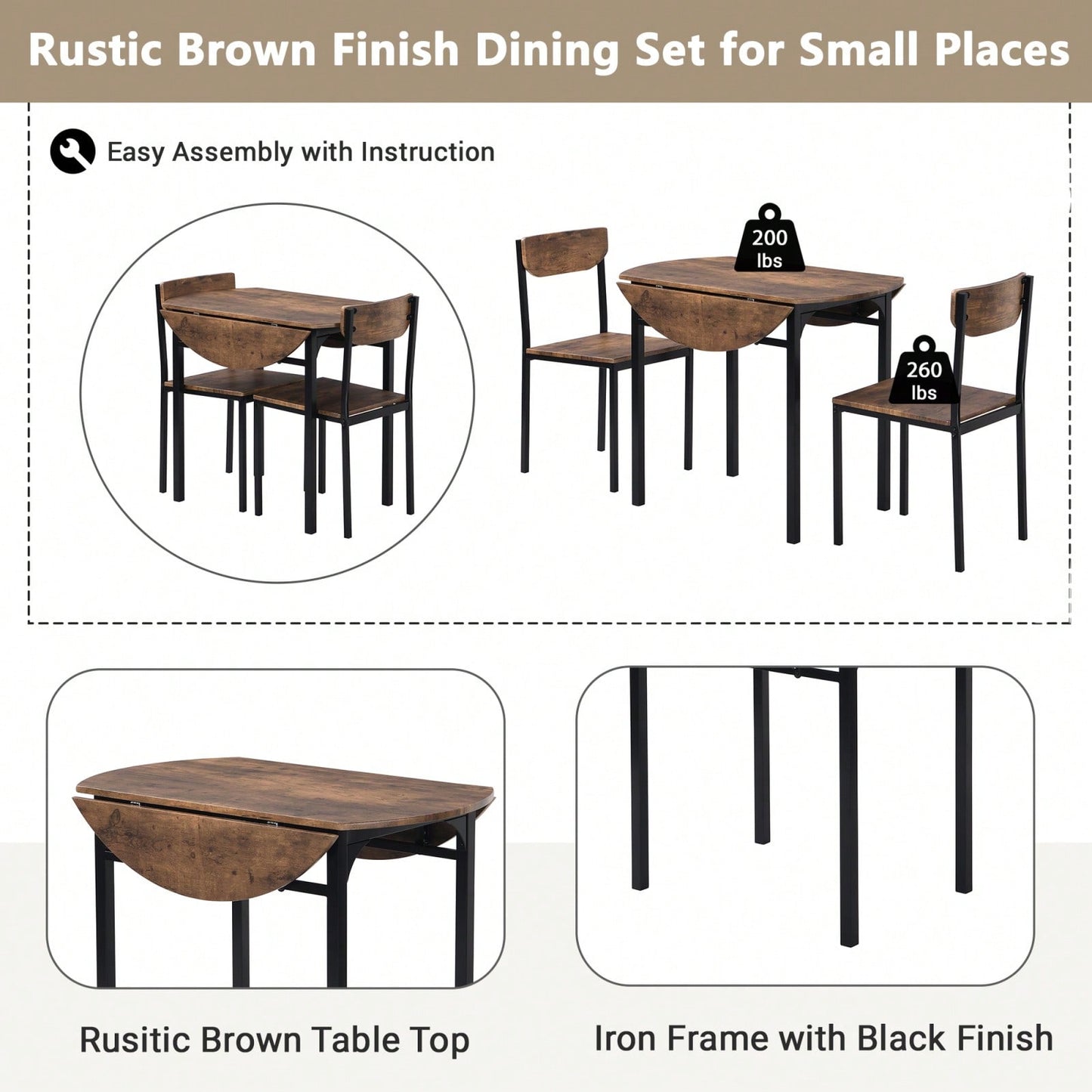 Modern 3-Piece Round Dining Table Set With Drop Leaf And 2 Chairs For Small Places,Black Frame+Rustic Brown Finish