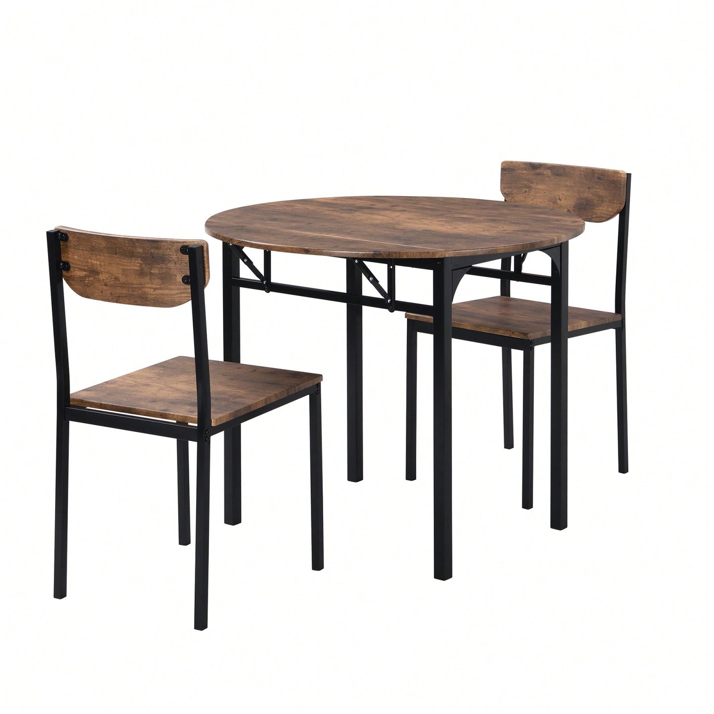 Modern 3-Piece Round Dining Table Set With Drop Leaf And 2 Chairs For Small Places,Black Frame+Rustic Brown Finish