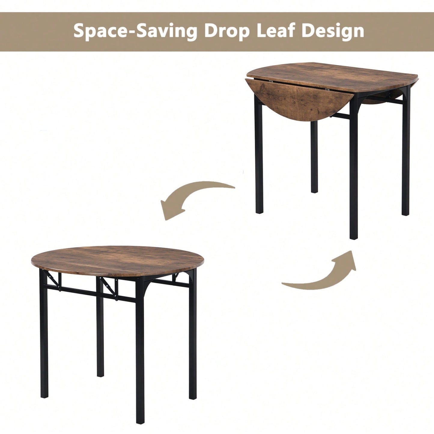 Modern 3-Piece Round Dining Table Set With Drop Leaf And 2 Chairs For Small Places,Black Frame+Rustic Brown Finish