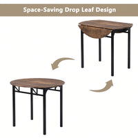 Modern 3-Piece Round Dining Table Set With Drop Leaf And 2 Chairs For Small Places,Black Frame+Rustic Brown Finish