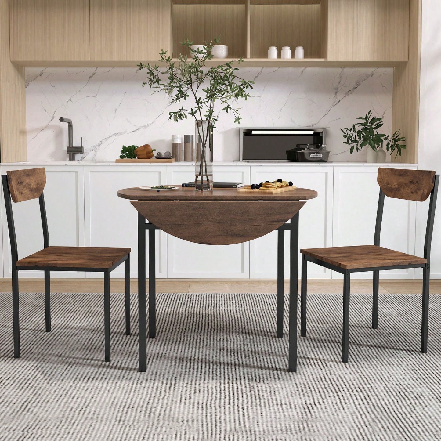 Modern 3-Piece Round Dining Table Set With Drop Leaf And 2 Chairs For Small Places,Black Frame+Rustic Brown Finish