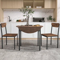 Modern 3-Piece Round Dining Table Set With Drop Leaf And 2 Chairs For Small Places,Black Frame+Rustic Brown Finish