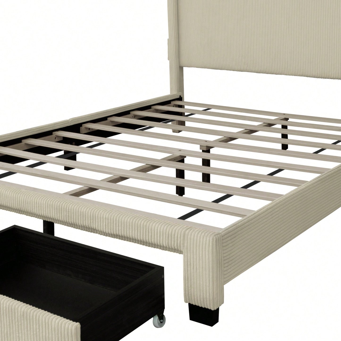 Queen Upholstered Platform Bed With Drawers, Stripe Velvet Fabric, No Box Spring Required