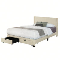 Queen Upholstered Platform Bed With Drawers, Stripe Velvet Fabric, No Box Spring Required