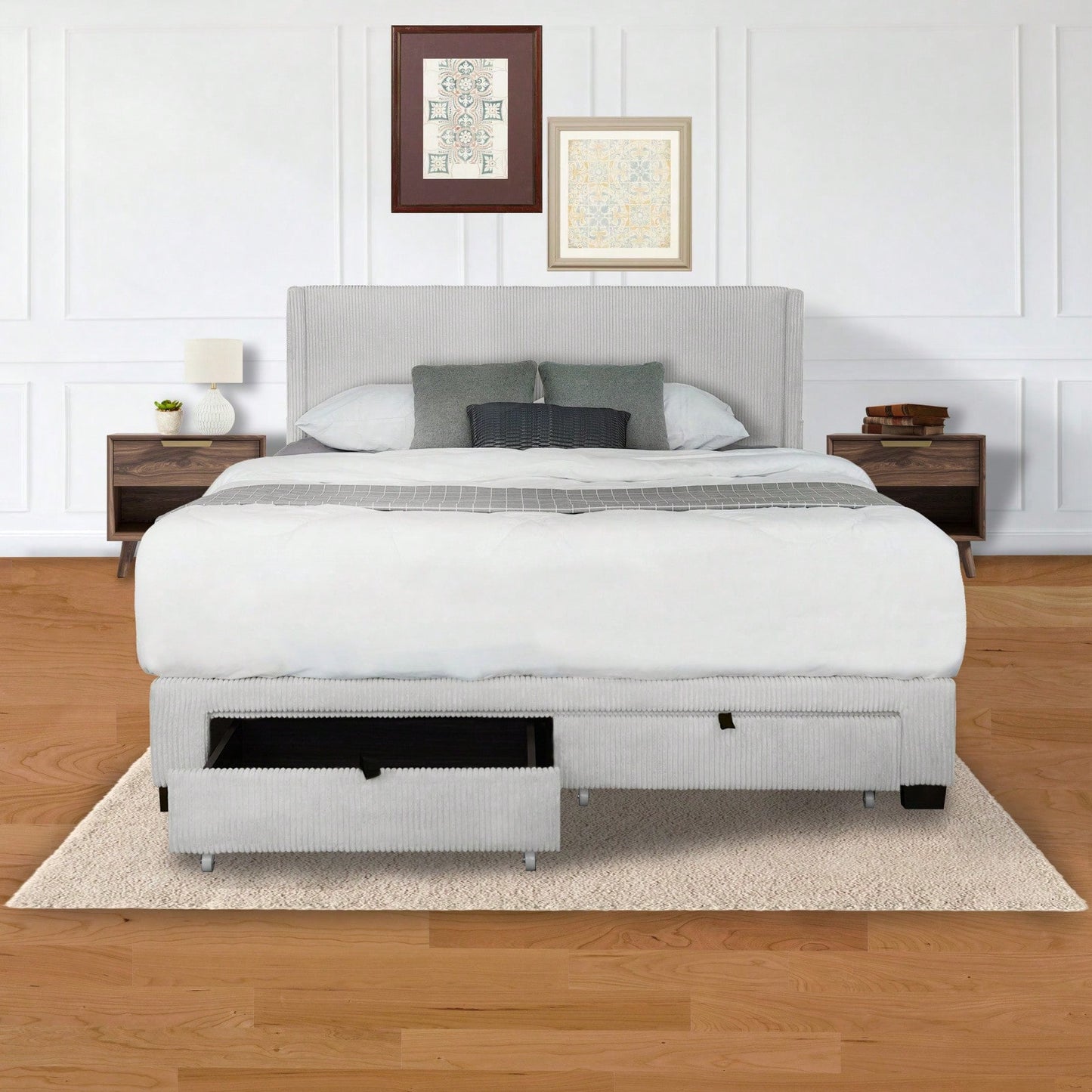 Queen Upholstered Platform Bed With Drawers, Stripe Velvet Fabric, No Box Spring Required