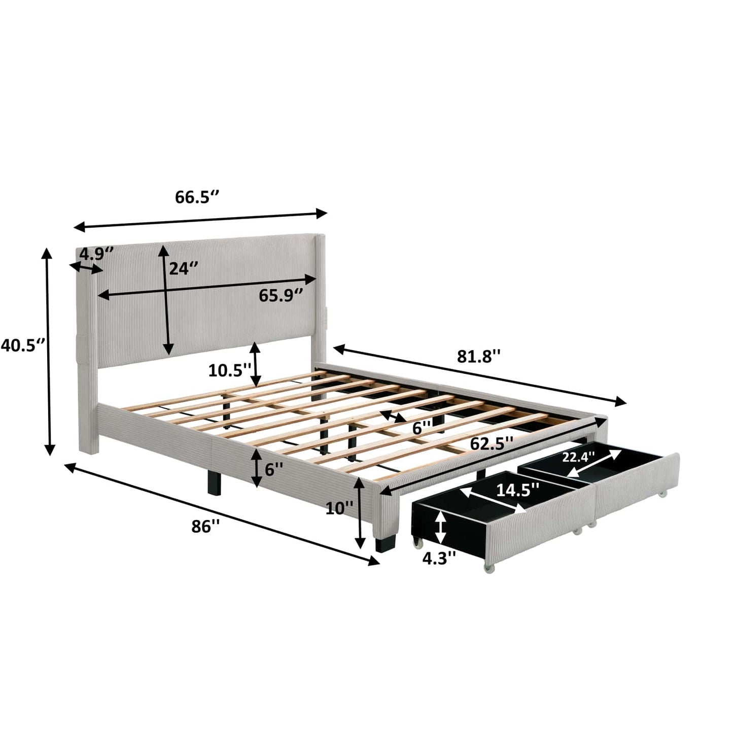 Queen Upholstered Platform Bed With Drawers, Stripe Velvet Fabric, No Box Spring Required