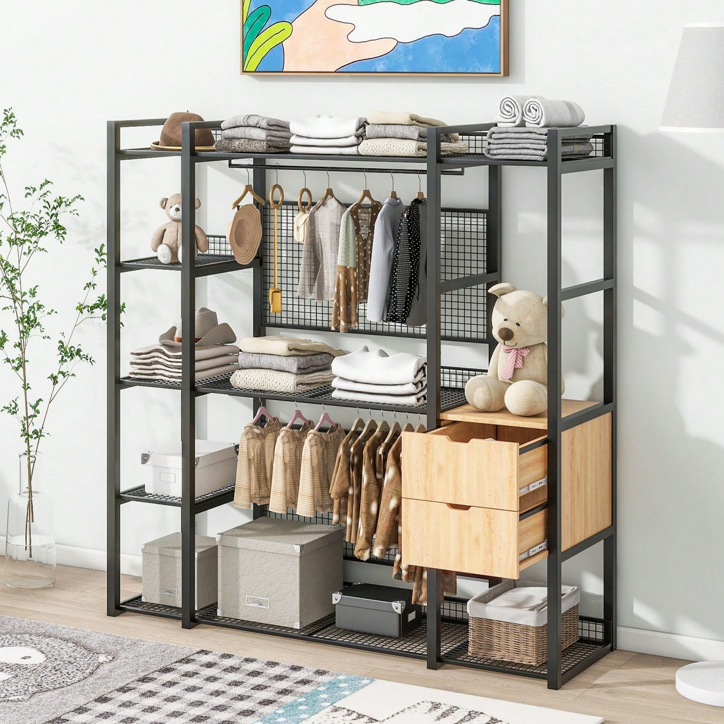 Industrial Open Wardrobe With Hanging Rails, Shelves, And Drawers, Large Clothing Rack With Storage For Bedroom