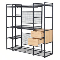 Industrial Open Wardrobe With Hanging Rails, Shelves, And Drawers, Large Clothing Rack With Storage For Bedroom