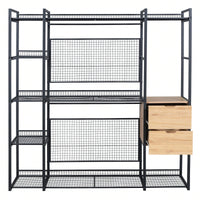 Industrial Open Wardrobe With Hanging Rails, Shelves, And Drawers, Large Clothing Rack With Storage For Bedroom