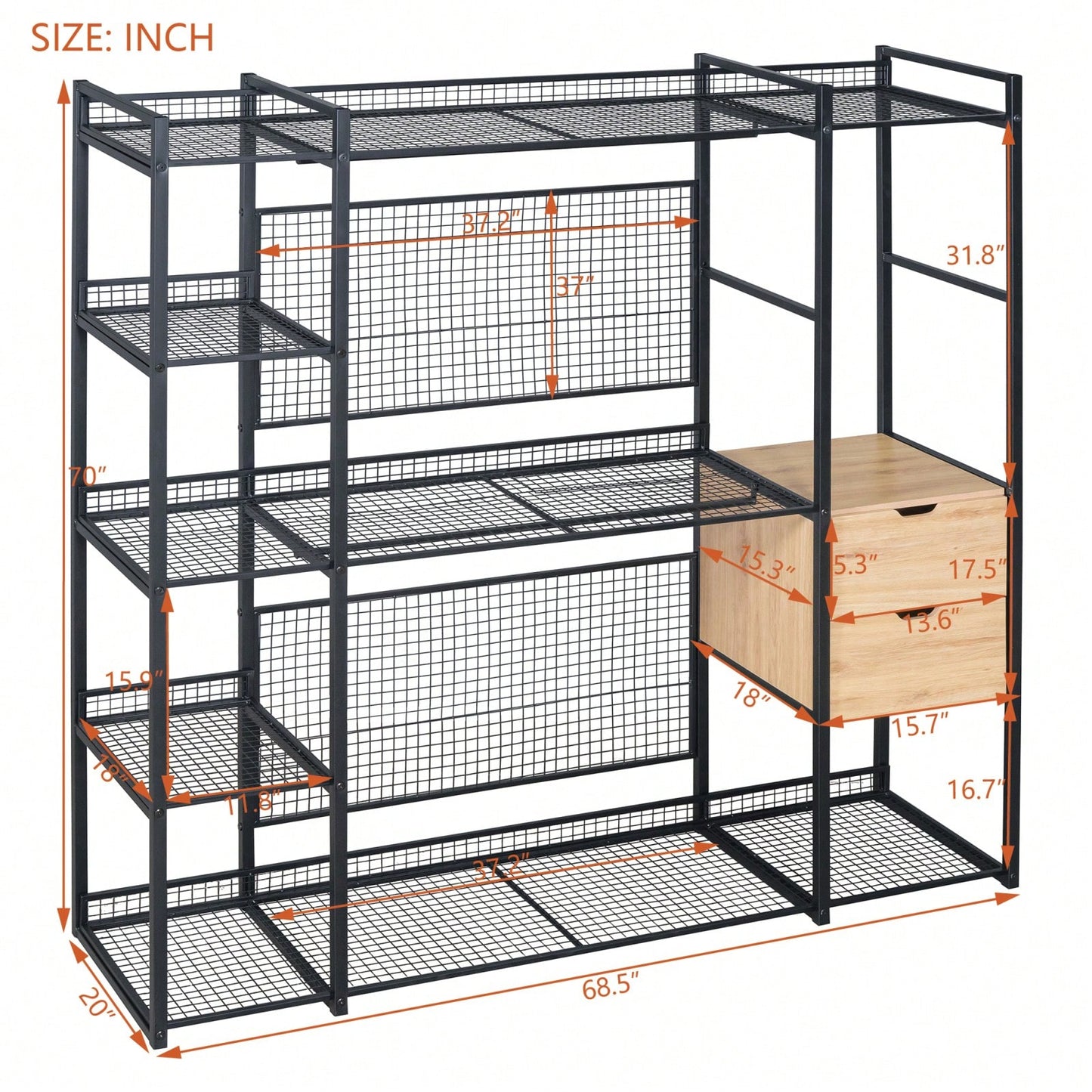 Industrial Open Wardrobe With Hanging Rails, Shelves, And Drawers, Large Clothing Rack With Storage For Bedroom