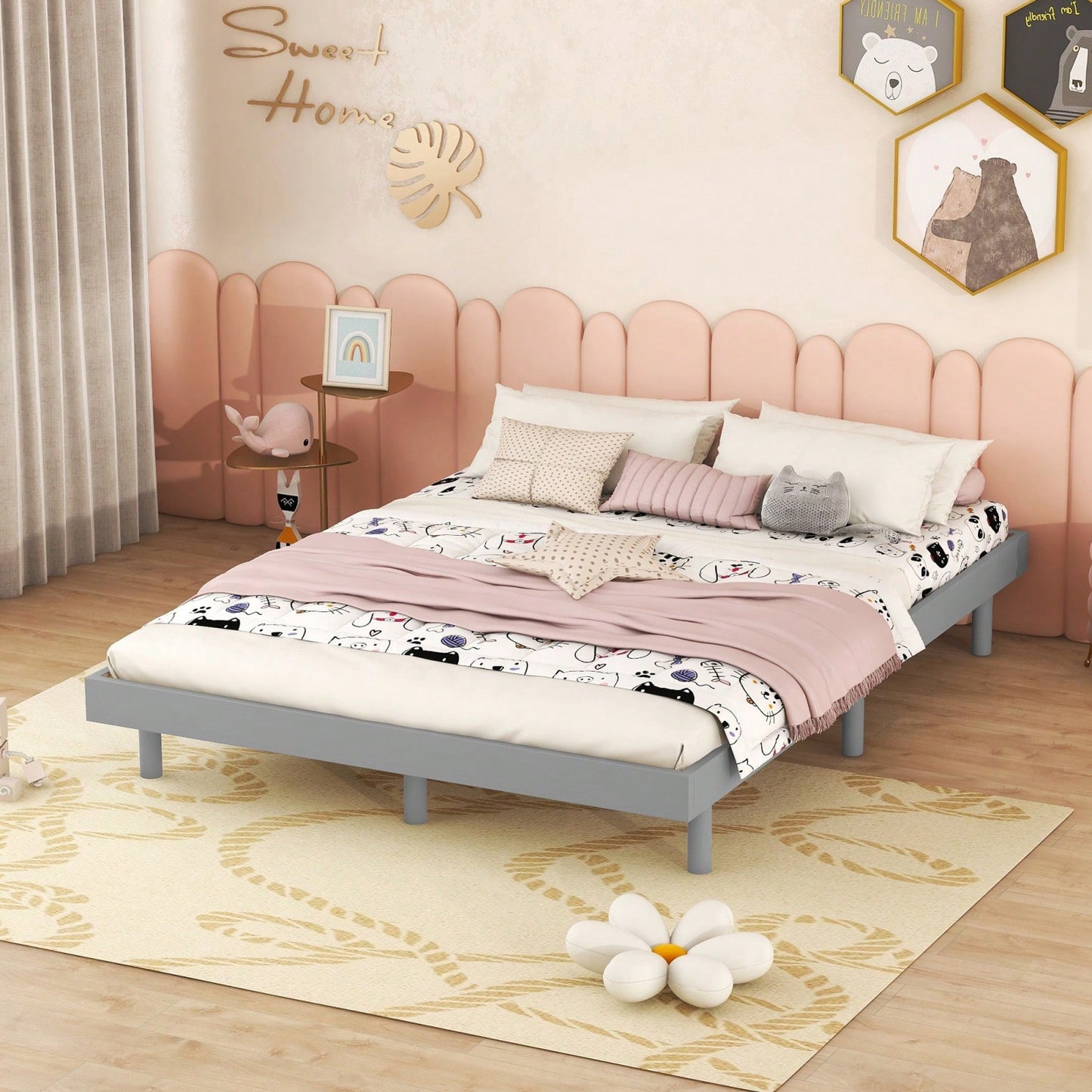 Modern Full Floating Platform Bed Frame With Wood Slat Support, No Box Spring Needed, Easy Assembly, Queen Size