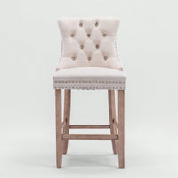 Contemporary Velvet Barstools Set of 2 High Back Tufted Upholstered Counter Chairs with Wood Legs and Chrome Trim
