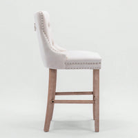 Contemporary Velvet Barstools Set of 2 High Back Tufted Upholstered Counter Chairs with Wood Legs and Chrome Trim