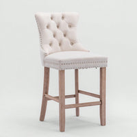 Contemporary Velvet Barstools Set of 2 High Back Tufted Upholstered Counter Chairs with Wood Legs and Chrome Trim