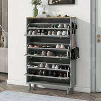 Narrow Shoe Storage Cabinet with Adjustable Shelves and 3 Flip Drawers Entryway Organizer Holds 24 Pairs with Wood Grain Top and Hooks