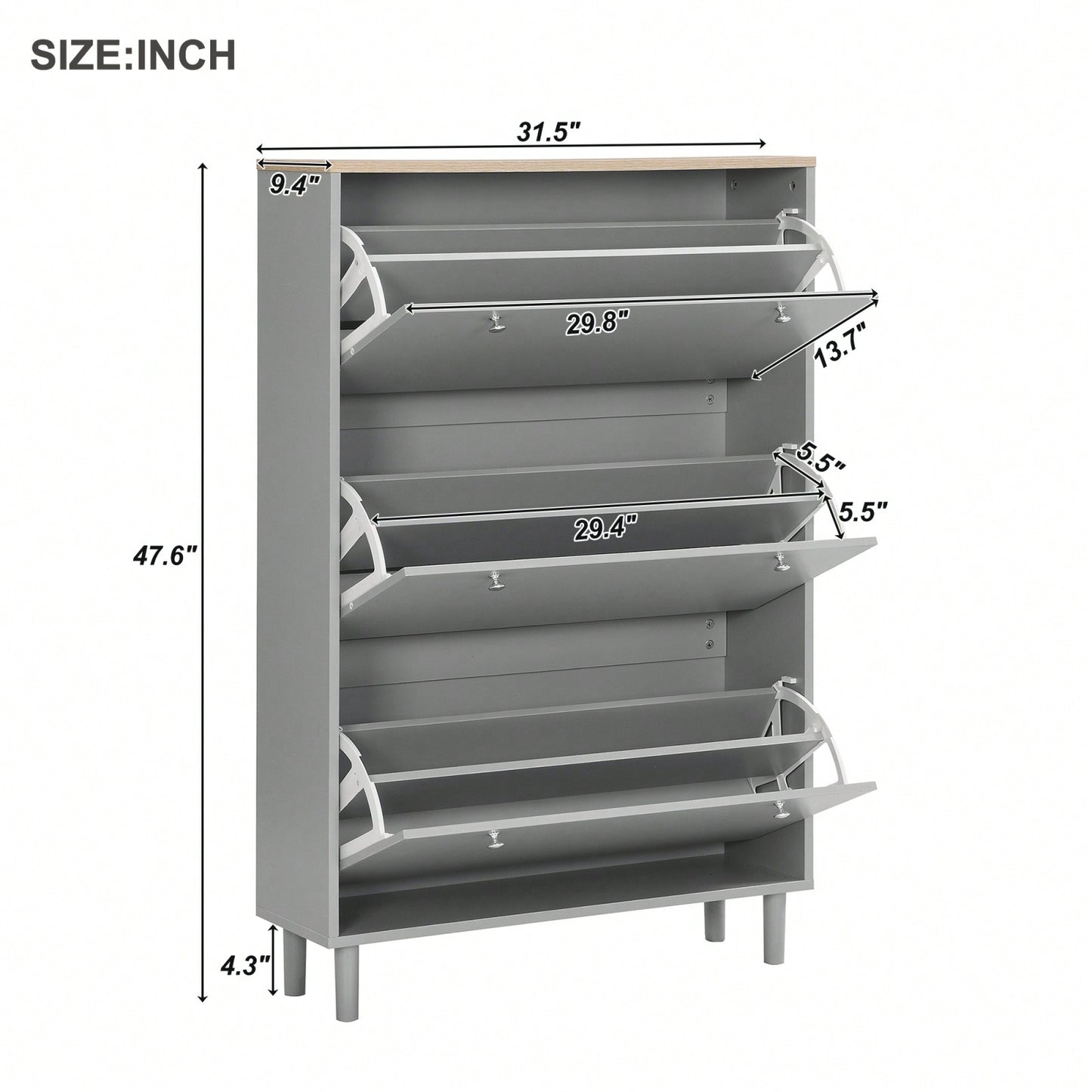 Narrow Shoe Storage Cabinet with Adjustable Shelves and 3 Flip Drawers Entryway Organizer Holds 24 Pairs with Wood Grain Top and Hooks