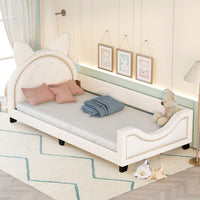 Twin Daybed With Cute Cartoon Ears Headboard, Upholstered Platform Bed With Wood Frame, No Box Spring Needed, Easy Assembly