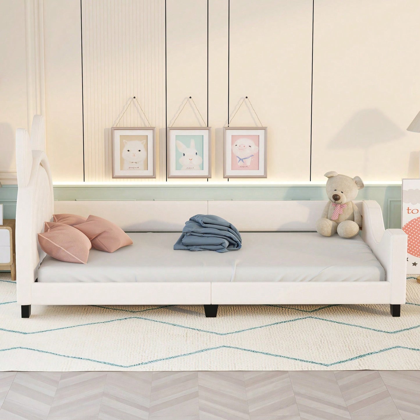 Twin Daybed With Cute Cartoon Ears Headboard, Upholstered Platform Bed With Wood Frame, No Box Spring Needed, Easy Assembly