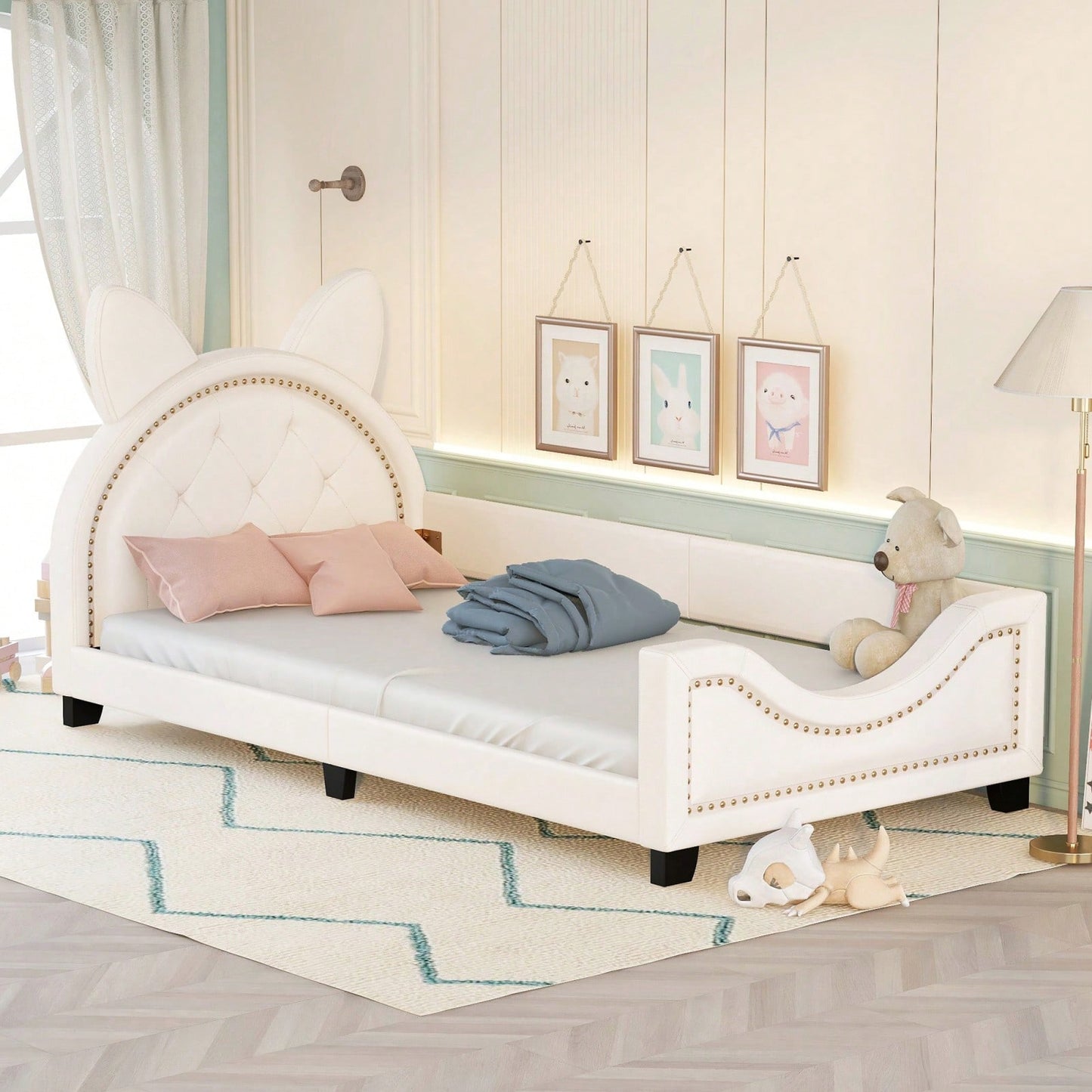 Twin Daybed With Cute Cartoon Ears Headboard, Upholstered Platform Bed With Wood Frame, No Box Spring Needed, Easy Assembly