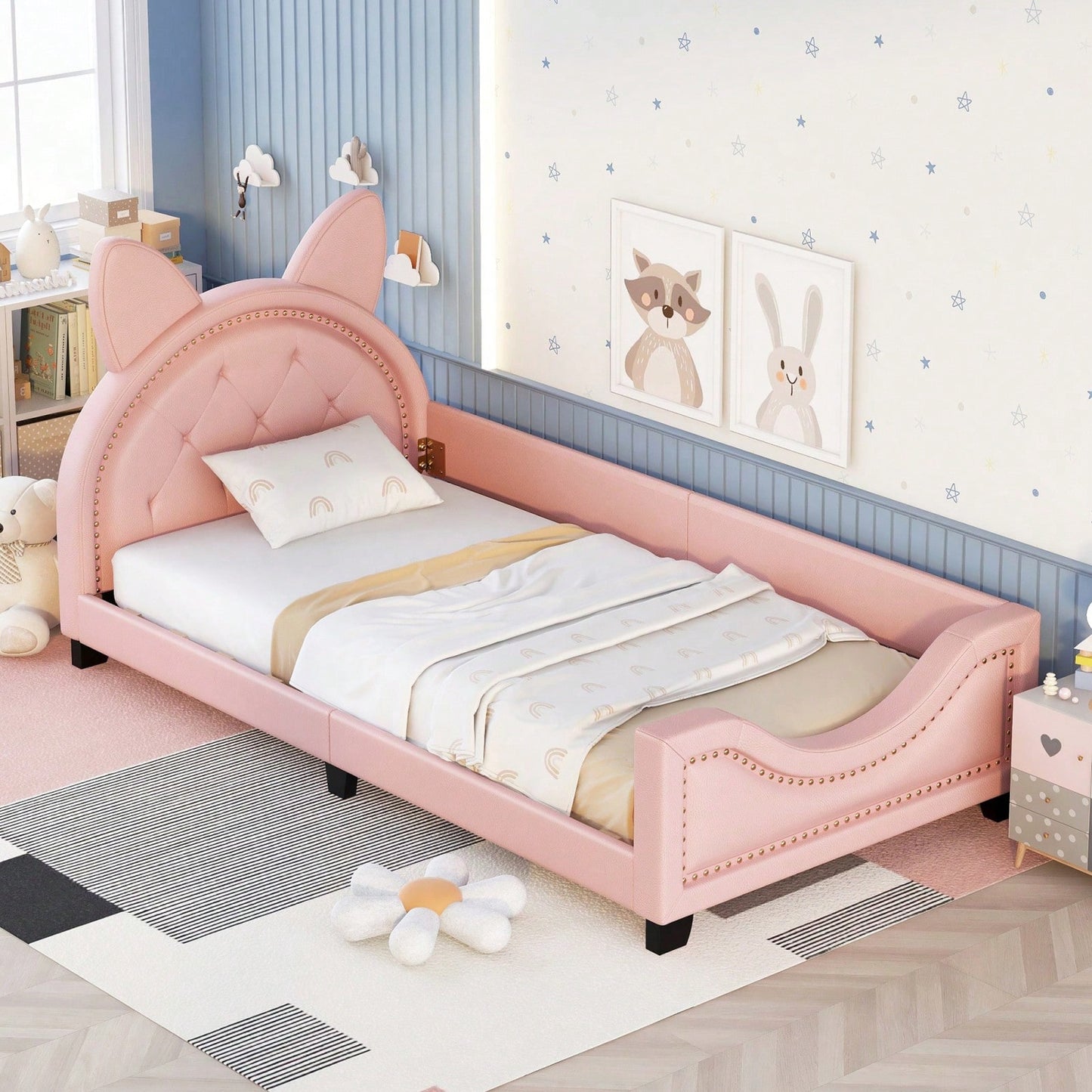 Twin Daybed With Cute Cartoon Ears Headboard, Upholstered Platform Bed With Wood Frame, No Box Spring Needed, Easy Assembly