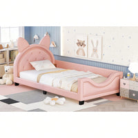 Twin Daybed With Cute Cartoon Ears Headboard, Upholstered Platform Bed With Wood Frame, No Box Spring Needed, Easy Assembly