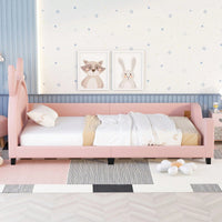 Twin Daybed With Cute Cartoon Ears Headboard, Upholstered Platform Bed With Wood Frame, No Box Spring Needed, Easy Assembly