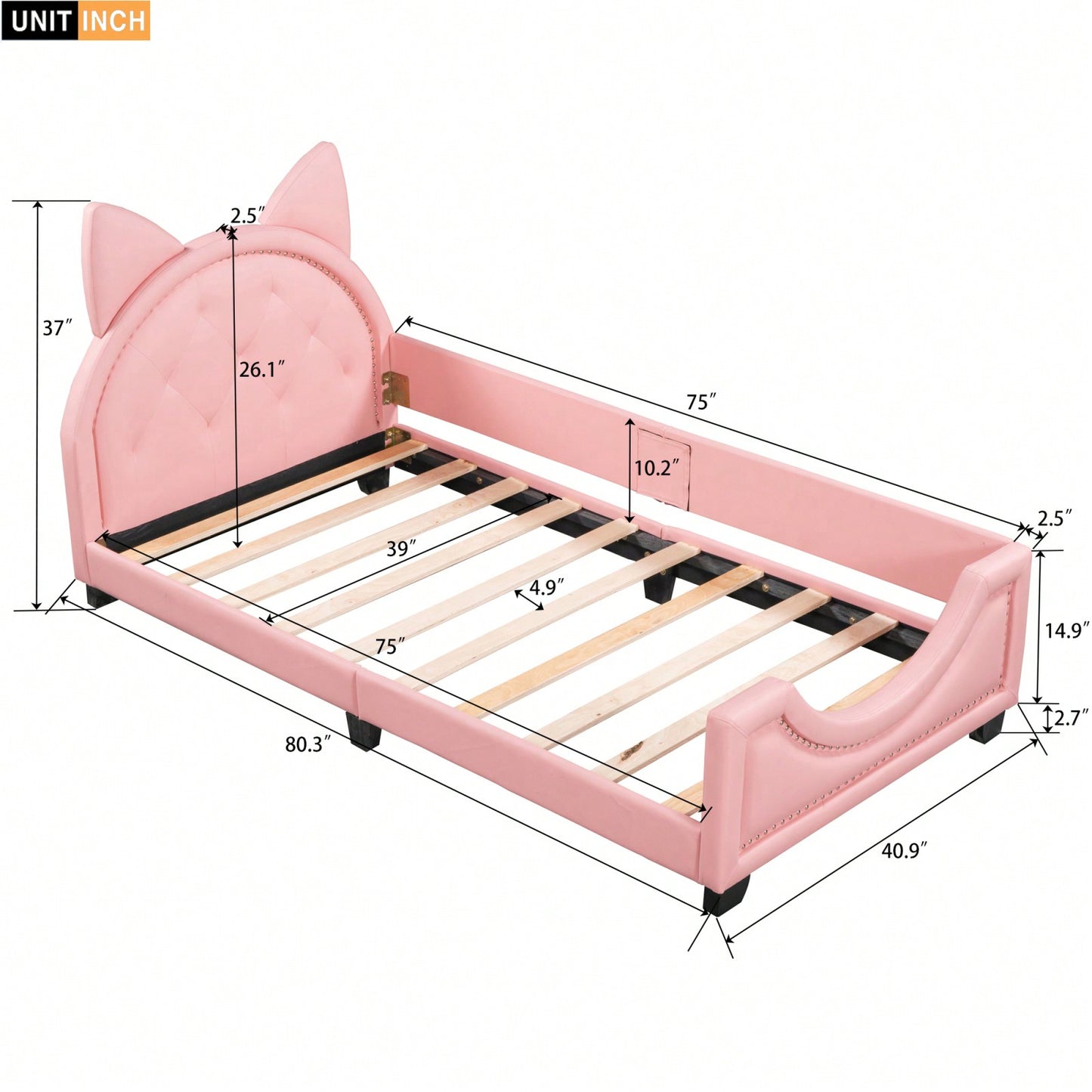 Twin Daybed With Cute Cartoon Ears Headboard, Upholstered Platform Bed With Wood Frame, No Box Spring Needed, Easy Assembly