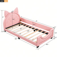 Twin Daybed With Cute Cartoon Ears Headboard, Upholstered Platform Bed With Wood Frame, No Box Spring Needed, Easy Assembly