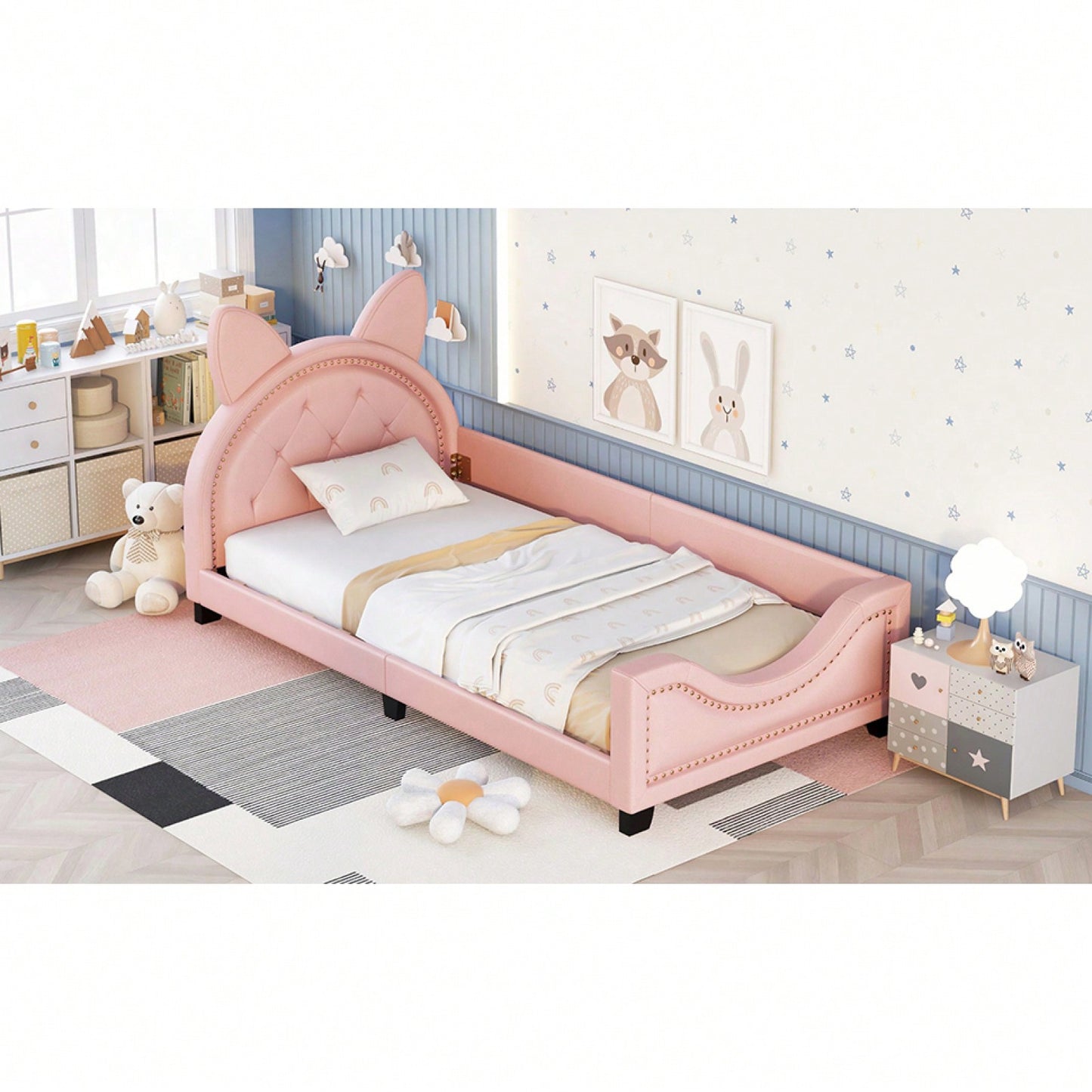 Twin Daybed With Cute Cartoon Ears Headboard, Upholstered Platform Bed With Wood Frame, No Box Spring Needed, Easy Assembly