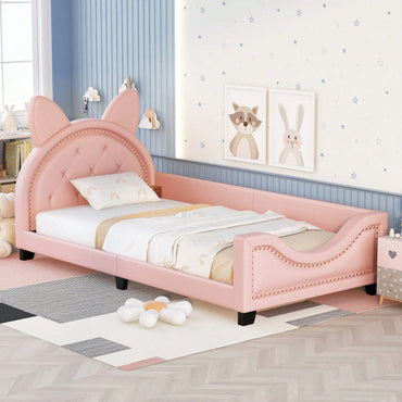 Twin Daybed With Cute Cartoon Ears Headboard, Upholstered Platform Bed With Wood Frame, No Box Spring Needed, Easy Assembly