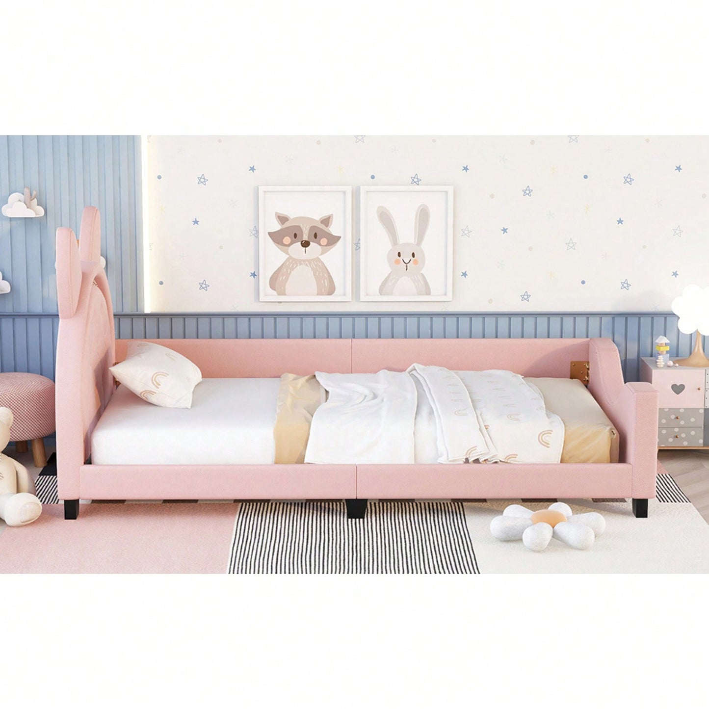 Twin Daybed With Cute Cartoon Ears Headboard, Upholstered Platform Bed With Wood Frame, No Box Spring Needed, Easy Assembly