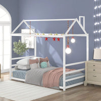 Twin Size House Bed Frame With Roof And Chimney, Playful Metal Platform Bed Frame For Kids And Adults, No Box Spring Needed, Easy Assembly