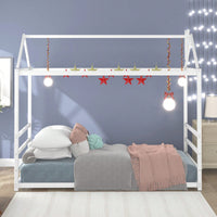 Twin Size House Bed Frame With Roof And Chimney, Playful Metal Platform Bed Frame For Kids And Adults, No Box Spring Needed, Easy Assembly