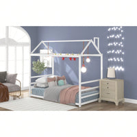 Twin Size House Bed Frame With Roof And Chimney, Playful Metal Platform Bed Frame For Kids And Adults, No Box Spring Needed, Easy Assembly