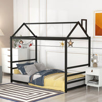 Twin Size House Bed Frame With Roof And Chimney, Playful Metal Platform Bed Frame For Kids And Adults, No Box Spring Needed, Easy Assembly