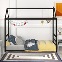 Twin Size House Bed Frame With Roof And Chimney, Playful Metal Platform Bed Frame For Kids And Adults, No Box Spring Needed, Easy Assembly