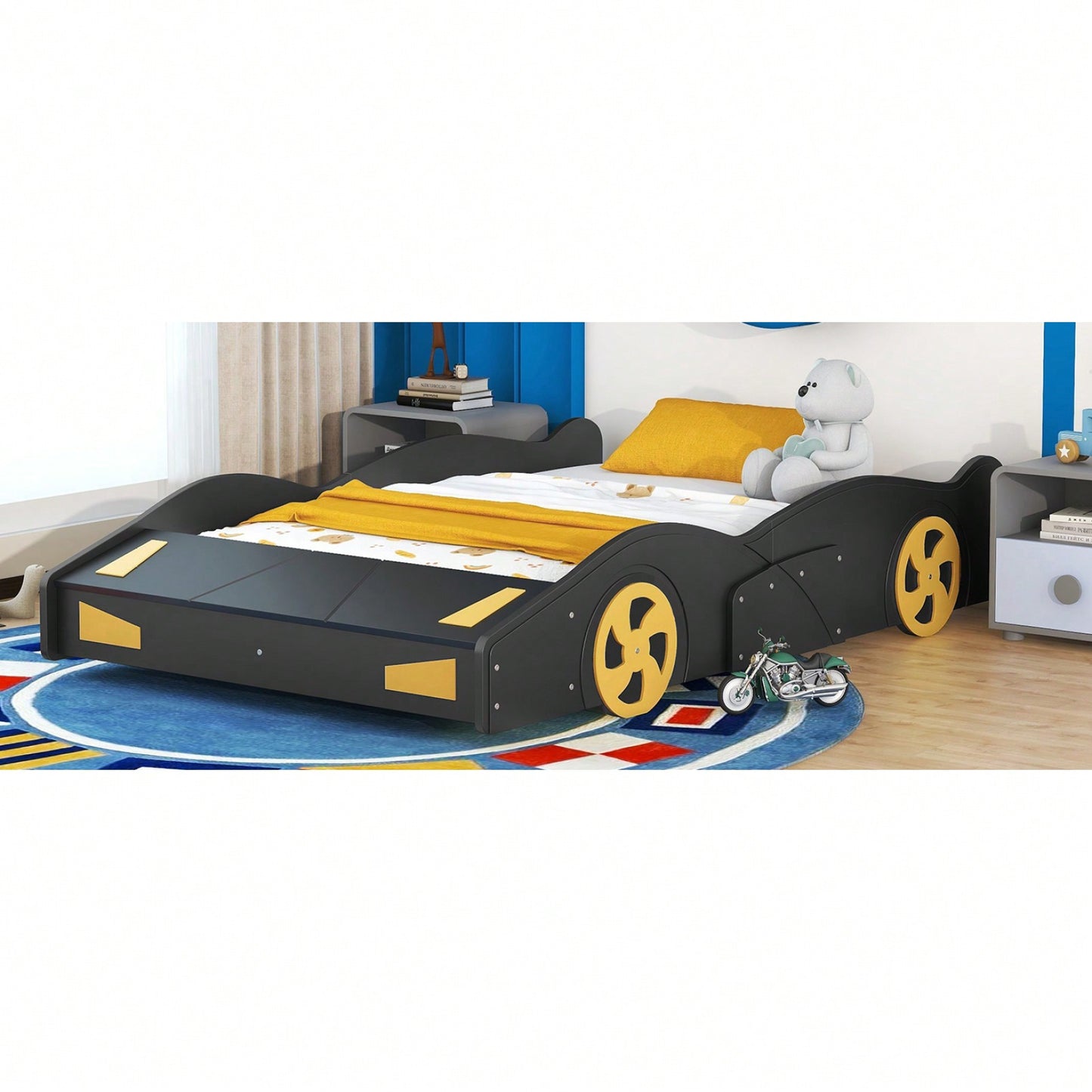 Full Size Race Car-Shaped Platform Bed With Wheels And Storage