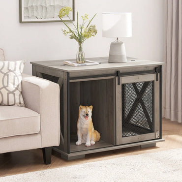 Farmhouse Style Dog Crate End Table with Sliding Barn Door and Flip-Top for Small Medium Large Dogs