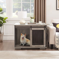 Farmhouse Style Dog Crate End Table with Sliding Barn Door and Flip-Top for Small Medium Large Dogs