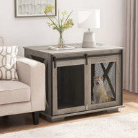 Farmhouse Style Dog Crate End Table with Sliding Barn Door and Flip-Top for Small Medium Large Dogs