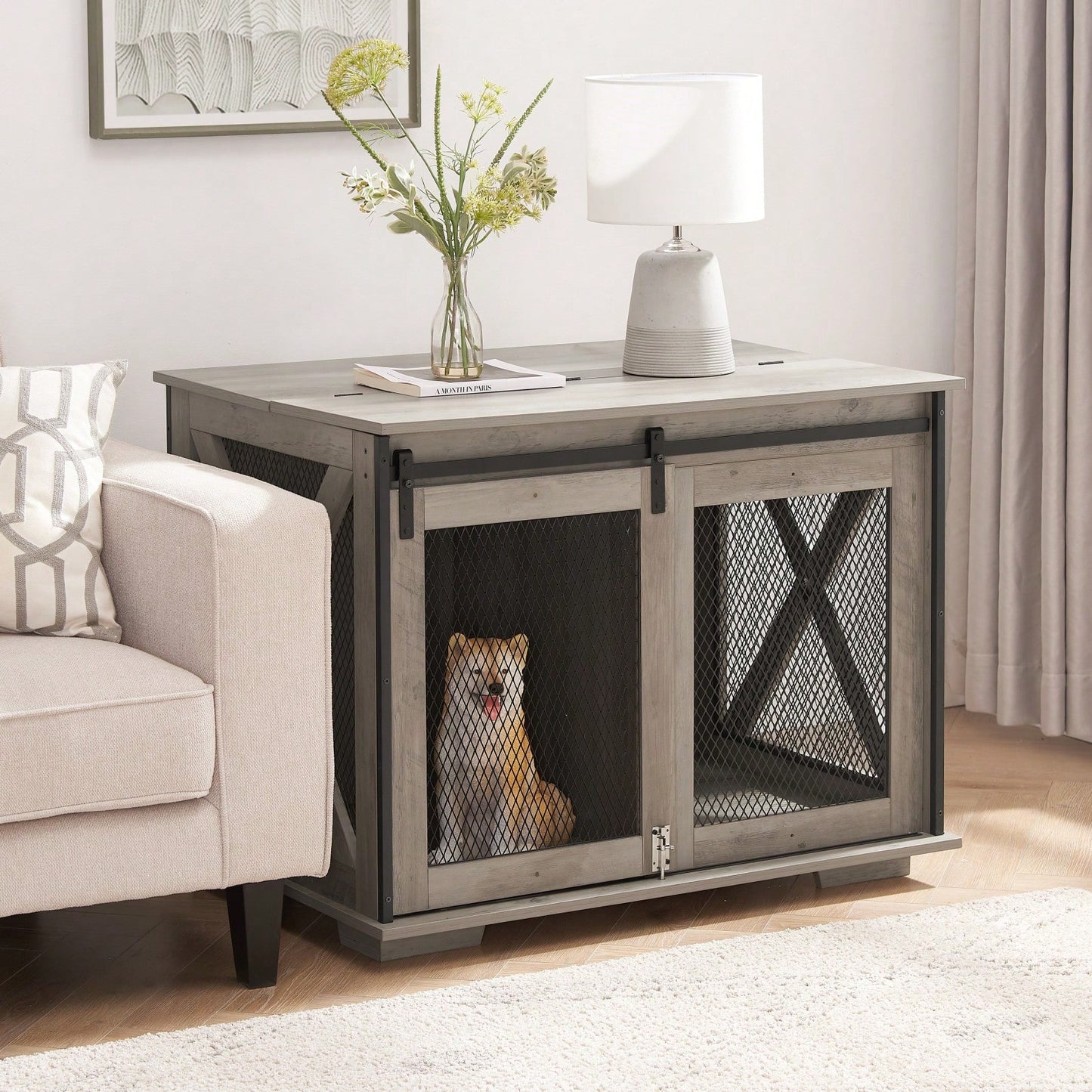 Farmhouse Style Dog Crate End Table with Sliding Barn Door and Flip-Top for Small Medium Large Dogs